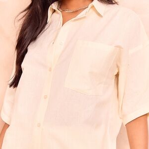 PRETTYLITTLETHING stone linen look oversize boxy short sleeve shirt size 8 US